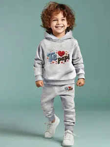 Boys' Cartoon Heart Letter Pattern Hoodie and Pants Set, Comfortable Casual Wear, Ideal for Daily Use, Kids Fashion Essential