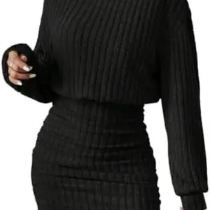 Women's Pullover Sweater Dress Long Lantern Sleeve Turtle Neck Cute Ribbed Knit Bodycon Mini Short Dress 2024 Fall Fashion Womenswear
