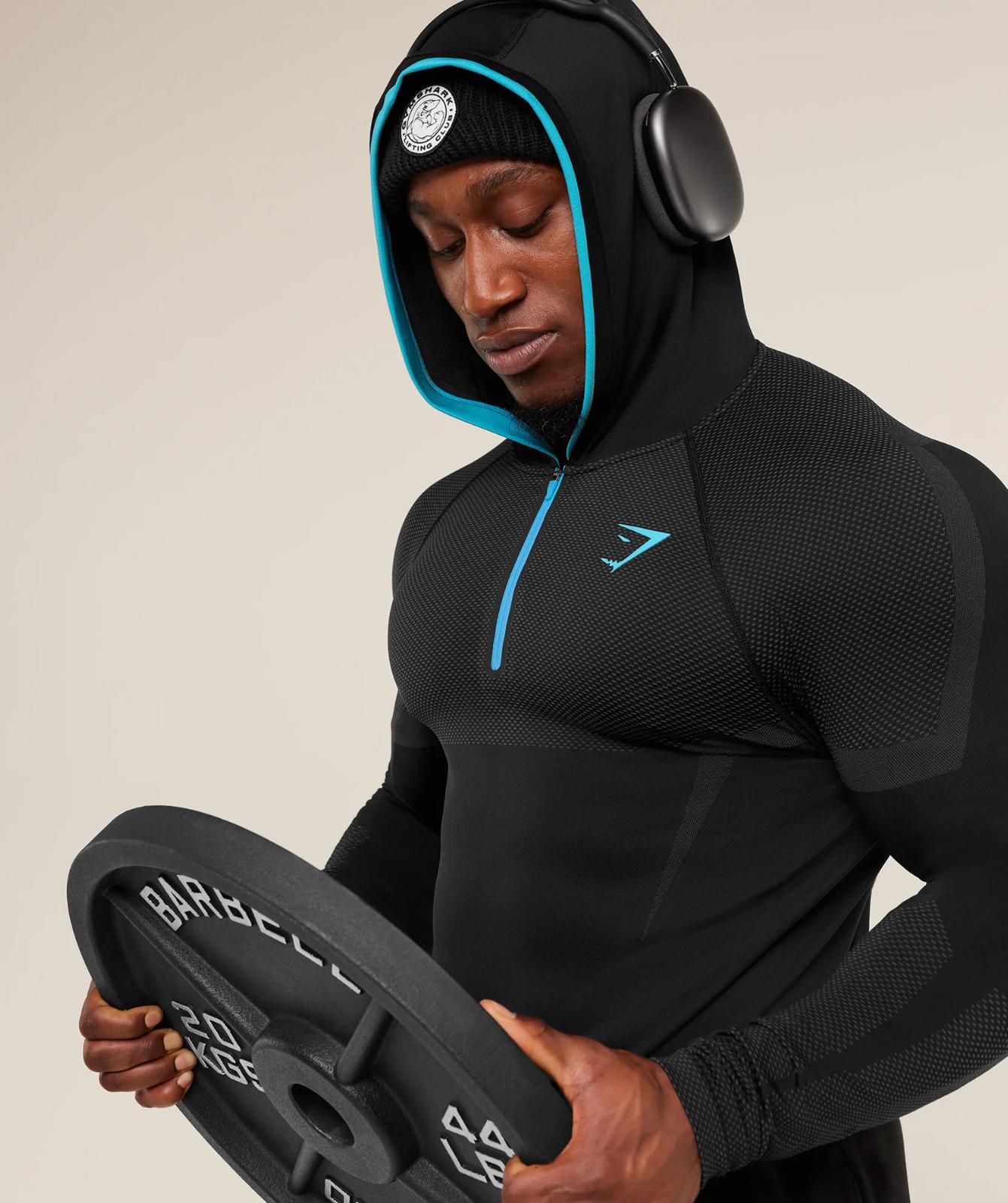 Onyx 5.0 Seamless Hoodie - Black/Blue Men's Fitted Athletic Hoodie for Workout