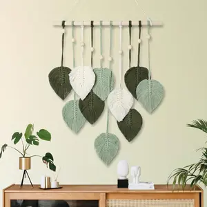 Wall Hanging Leaves Decor,Boho Handmade Woven Leaf Tassels Tapestry Gift Ideas for Nursery, Bedroom, Living Room, 15.7 X 28 Inch(Green)
