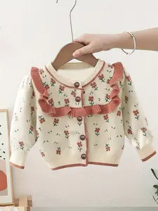 Girls' Fall Knit Sweater Coat, New Style Korean Floral Cardigan for Little Girls, Cute Baby Fashion Pullover for Kids, Baby Girl Clothes