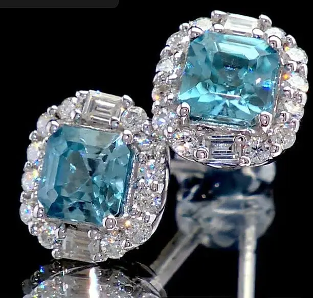 D'Joy Premium Cambodian Blue Zircon, Moissanite Earrings in Rhodium Over Sterling Silver 2.00 ctw