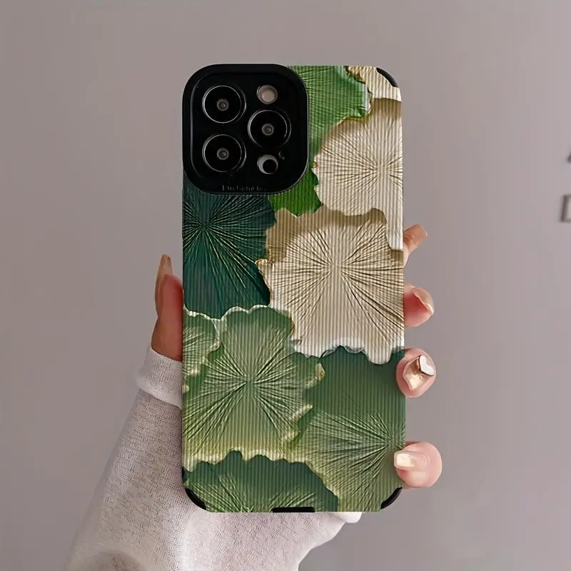 Lotus Leaf Pattern Design Phone Case, Anti-drop Protective Phone Protector Cover, Phone Accessories Compatible with iPhone 16 15 14 13 12 11 XS XR X Mini Plus Pro Max