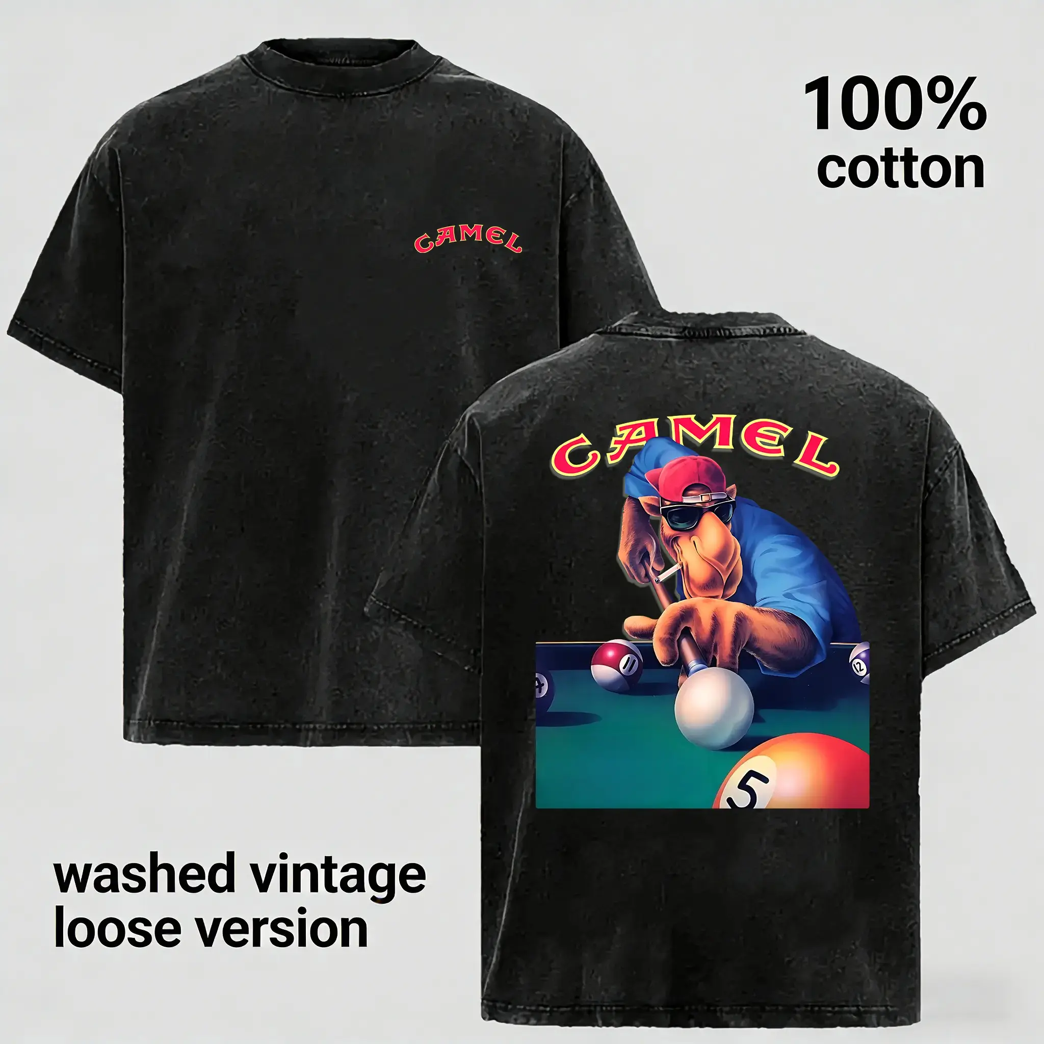 Menswear Camel Joe Billiards Graphic Tee - 100% Cotton Vintage Washed Retro Distressed Short Sleeve Crew Neck Casual Fit Loose Unisex Good Graphic Tees Vintage Shirts for Retro Fans Summer Streetwear Top, Shortsleeve, Male Clothing