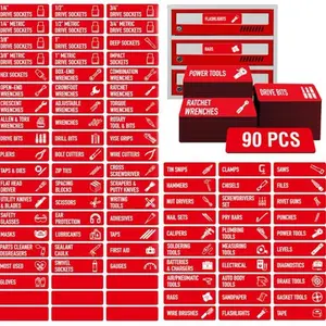 Magnetic Tool Box Labels with Icon 90 Pcs, Pre-Printed Tool Chest Drawer Markers, Sturdy Magnet Tags for Steel Rolling Cabinets & Garage Organization, 3" x 1"Red