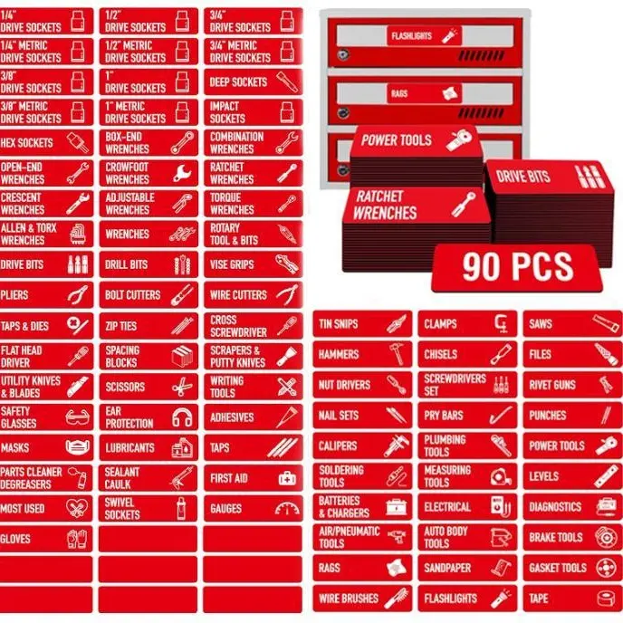 Magnetic Tool Box Labels with Icon 90 Pcs, Pre-Printed Tool Chest Drawer Markers, Sturdy Magnet Tags for Steel Rolling Cabinets & Garage Organization, 3" x 1"Red