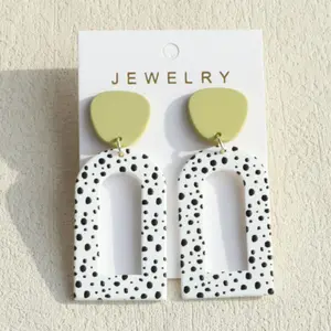 1pair Women's Lightweight Acrylic Earrings With Green&white Polka Dots Print, Hollowed-out Design, Clay Texture, Long Drop Style