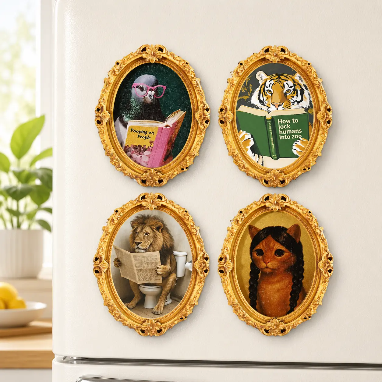 Funny Animal Portrait Fridge Magnet, Vintage Gold Frame Refrigerator Magnet, Penguin Tiger Lion & Cat Design, Quirky Kitchen Decor, Gift for Animal Lovers