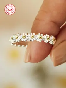 925 Sterling Silver Fashion Flower Design Ring, Boho Style Ring for Women, Stackable Rings, Casual Jewelry for Party, Daily Decor, Trendy Exquisite Jewelry for Birthday Gift