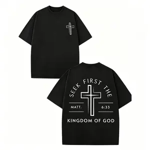 First Seek God's Kingdom Scripture Christian T-shirt, classic retro high street cross letter print, 230g heavyweight cotton men's summer pure cotton casual short-sleeved shirt. tee graphic clothing