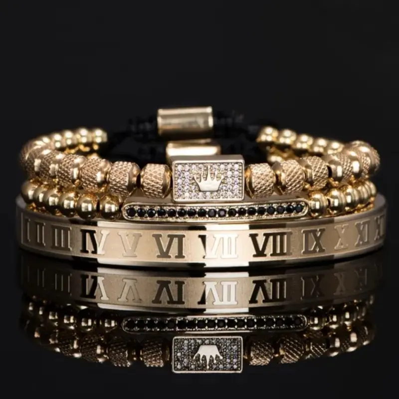 3pcs Set Luxury Gold Royal King Crown Men Bracelets Roman Numeral Design Braided Adjustable Bangle Unique Fashion Jewelry