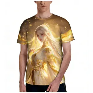 Unisex Round Neck Short Sleeve Tshirt - Stylized Golden Fantasy Art Print, Ethereal Asian Graphic, Oriental-Inspired Casual Streetwear All-Over Print Top