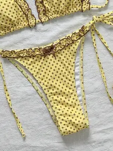 SHISUINA 2pcs/Set Polka Dot Random Print Bow Decor Halter Triangle Top And Side Tie Bottoms Spring Summer Beach Holiday