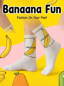 Funny Banana Pattern Casual Mid-Calf Socks, Comfortable and Versatile, Pure Color, Perfect for Daily Wear, Women's Fashion Footwear