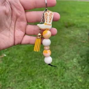 Silicone Cowgirl Boot Country Keychain with Tassel and Beaded Charm - Unique Accessory for Your Keys