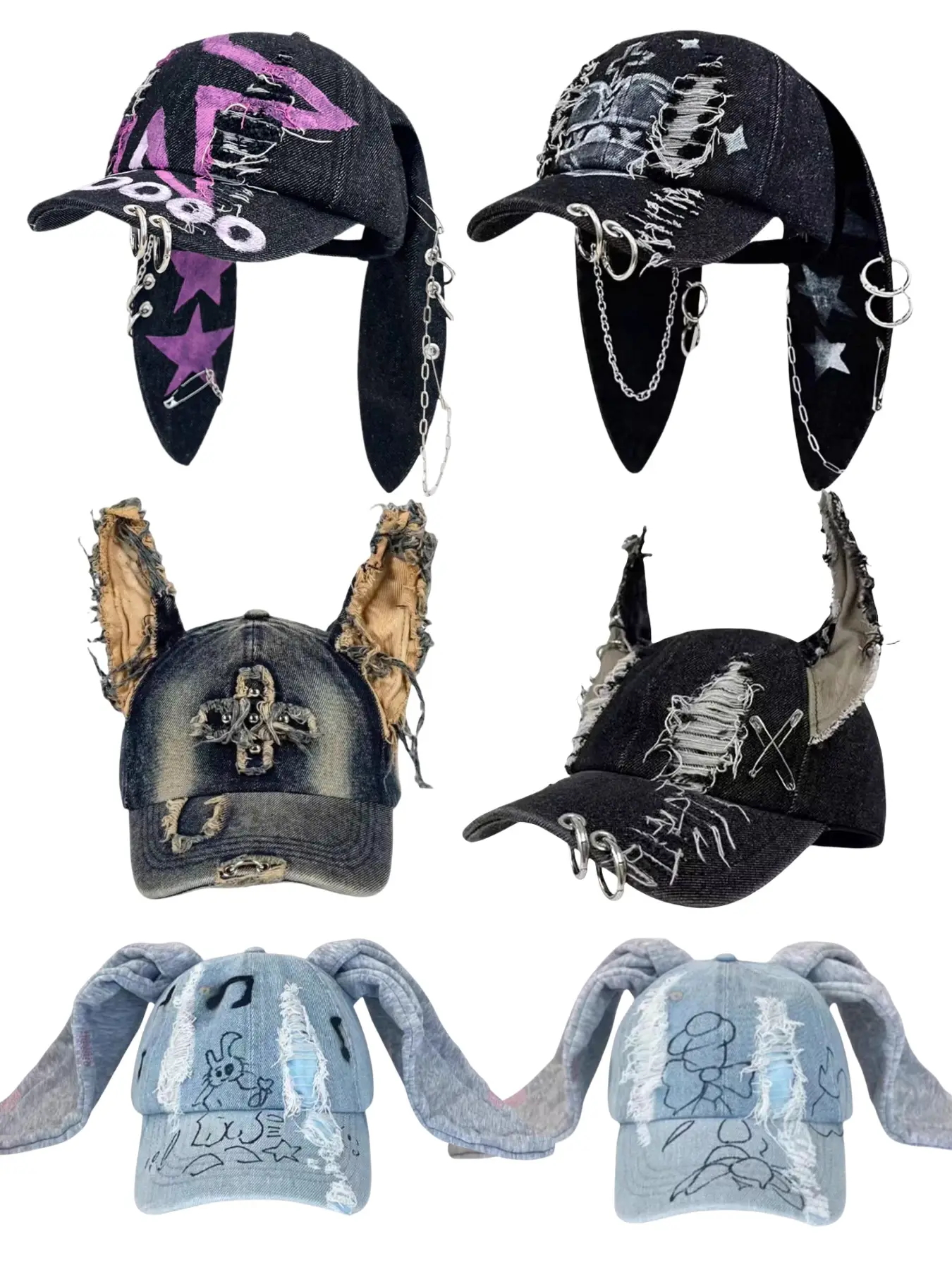 Unisex Wasteland Style Bunny Ear Baseball Cap, Punk Denim Trucker Hat with Chain, Streetwear Hip Hop Costume for Halloween Party