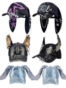 punk style bunny ears detailed design baseball cap, hats for women, fashionable denim hat for men & women, casual trendy accessories for party, daily clothing decor, hats for women, girlfriend gifts