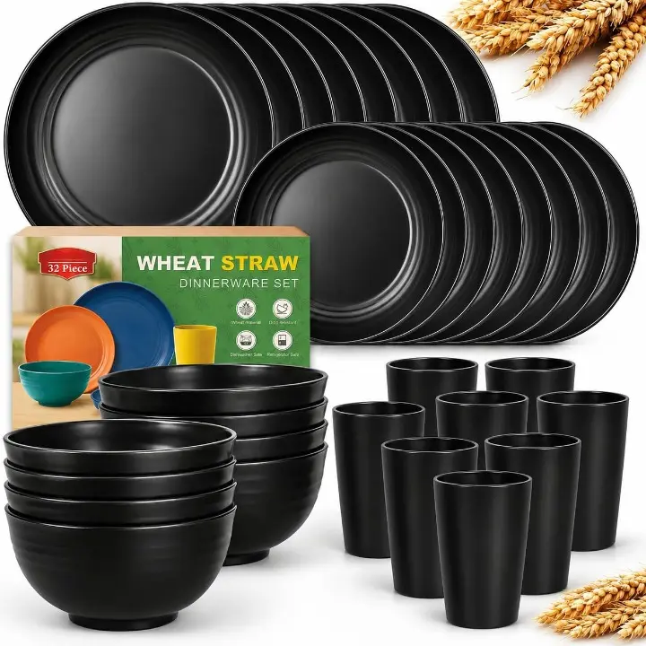 32PCS Wheat Straw Dinnerware Set for 8 | Unbreakable Plates Bowls & Cups Set | BPA Free Plastic Dinnerware | Apartment Essentials | Camping Picnic Outdoor Dish Set | Black