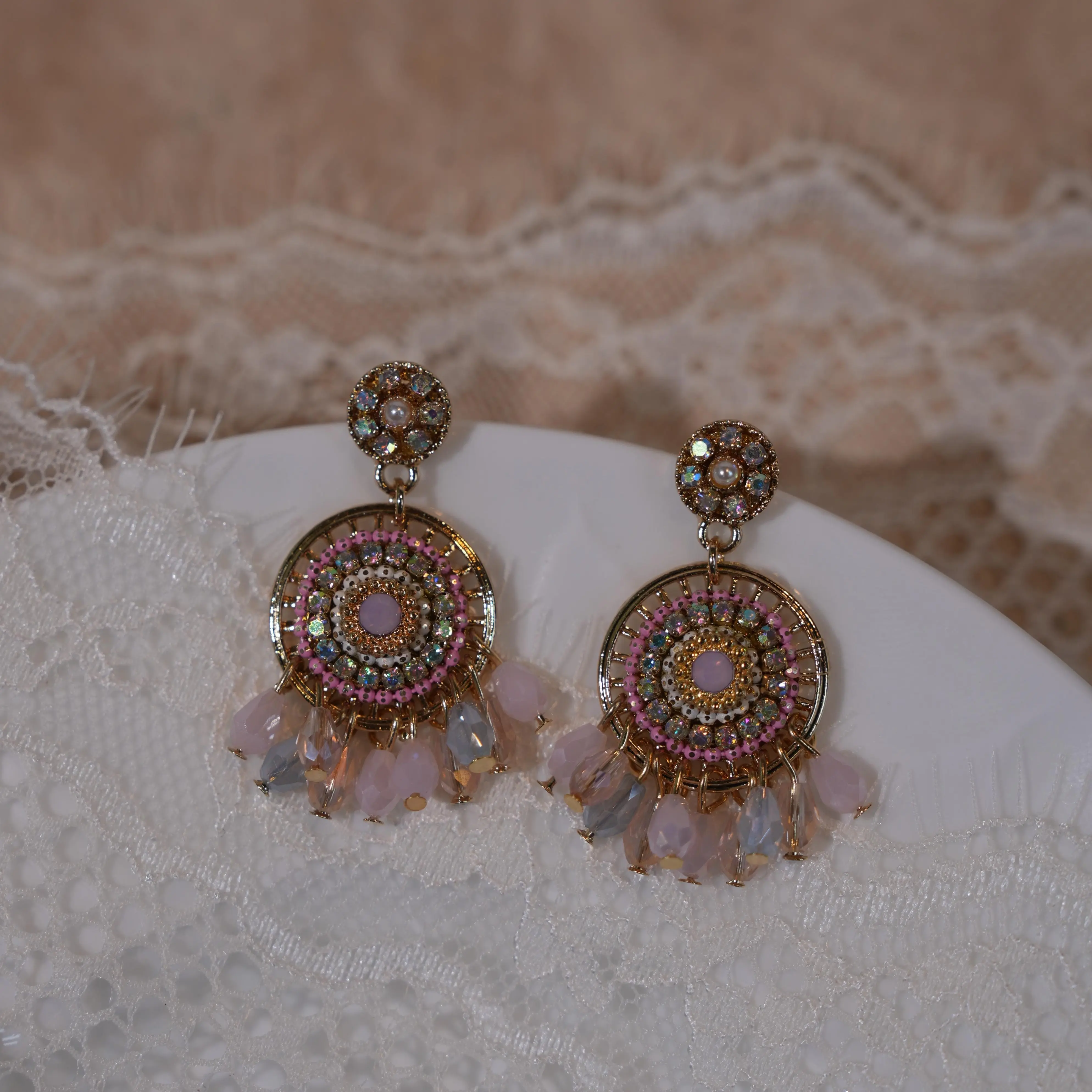 Elegant Pink and Gold Color Earrings with Beads and Rhinestones for Women's Fashion Accessory