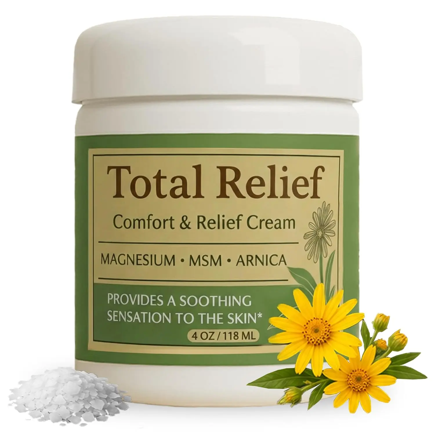 Official Total Relief - Magnesium Cream - Soothing Topical Lotion for Muscles, Joints & Legs - Magnesium Chloride with MSM, Arnica & B6 - Lightweight & Fast-Absorbing - 4 Fl Oz (Pack of 1)