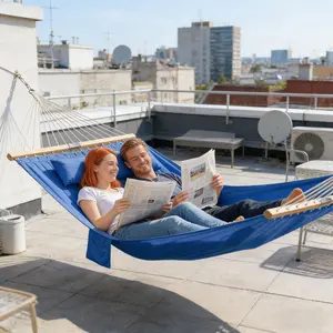 Muro Home Double Hammock for Balconies Patios and Gardens Quilted Double Layer with 160g Padding 180 g/m² Polyester Fabric Wide Bed for Two Anti-Tip Spreaders and Detachable Pillow Wicker All-Weather Sectional table tea set tempered glass spring storage