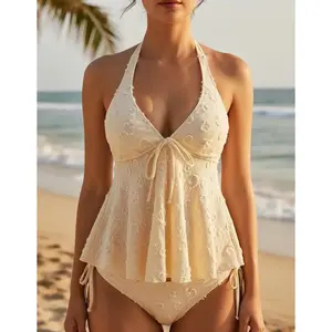 Sexy Tankini Set for Women Two Piece Swimsuit Flowy Halter Bathing Suit Tummy Control Swimwear Textured Bikini Bottom Summer Vacation Beachwear Modest Push Up Bathers Trendy Resort Wear Pool Party Outfits Comfort Stretch Swimsuit Set swim top