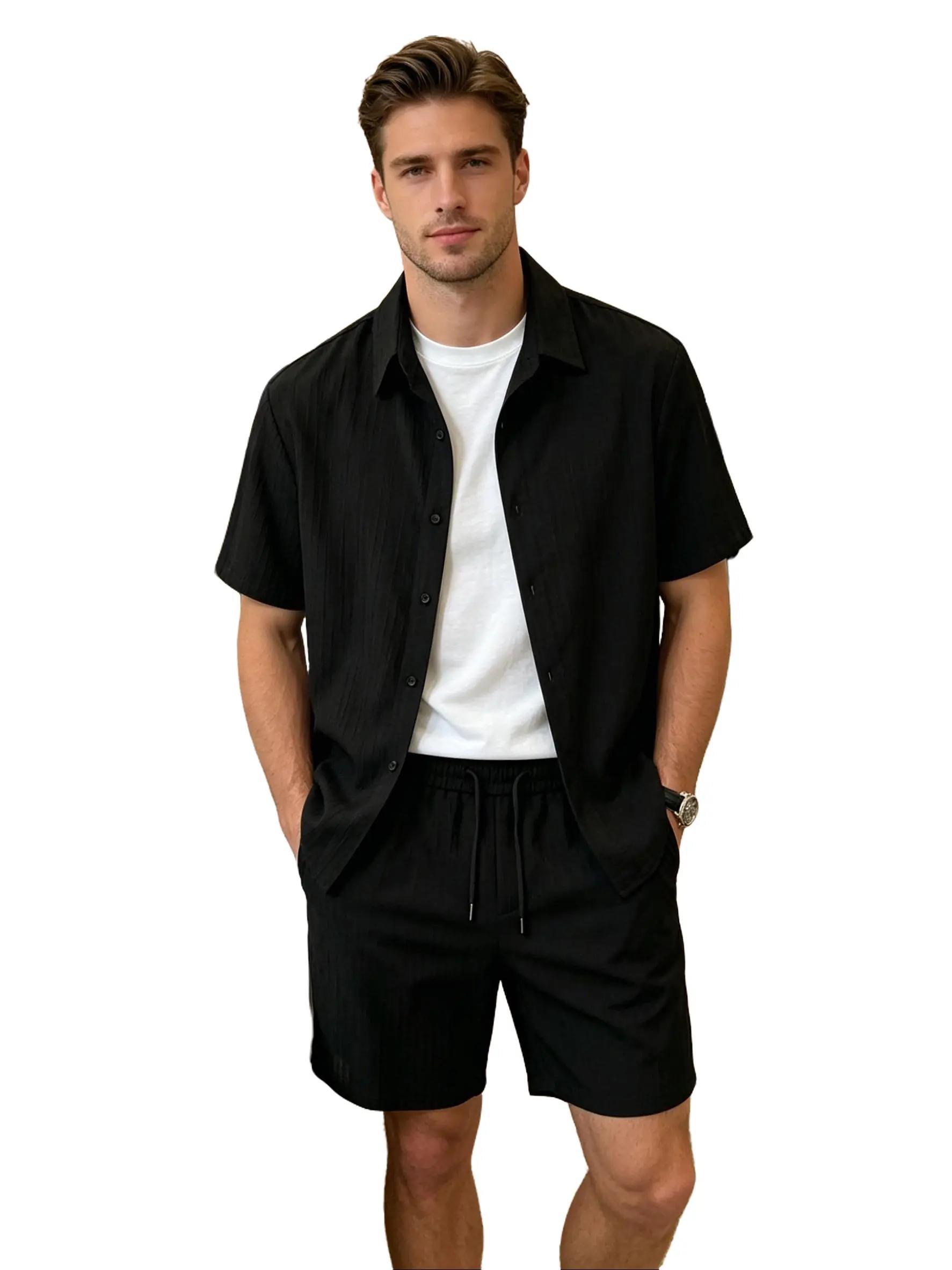 Men's Solid Short Sleeve Shirt & Shorts Two-Piece Set,Regular Fit Casual Button Up Top & Shorts for Summer,Men's Clothes for Beach Vacation Wetsuit Tropical FormalSuits Menswear Classic