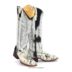 Tall Daisy Hair on Square Toe Leather Boot H24A3304 for Women - Genuine Cow Hide, 17" Shaft, 1.5" Heel, Double Stitched Sole, Comfortable & Stylish - Girl