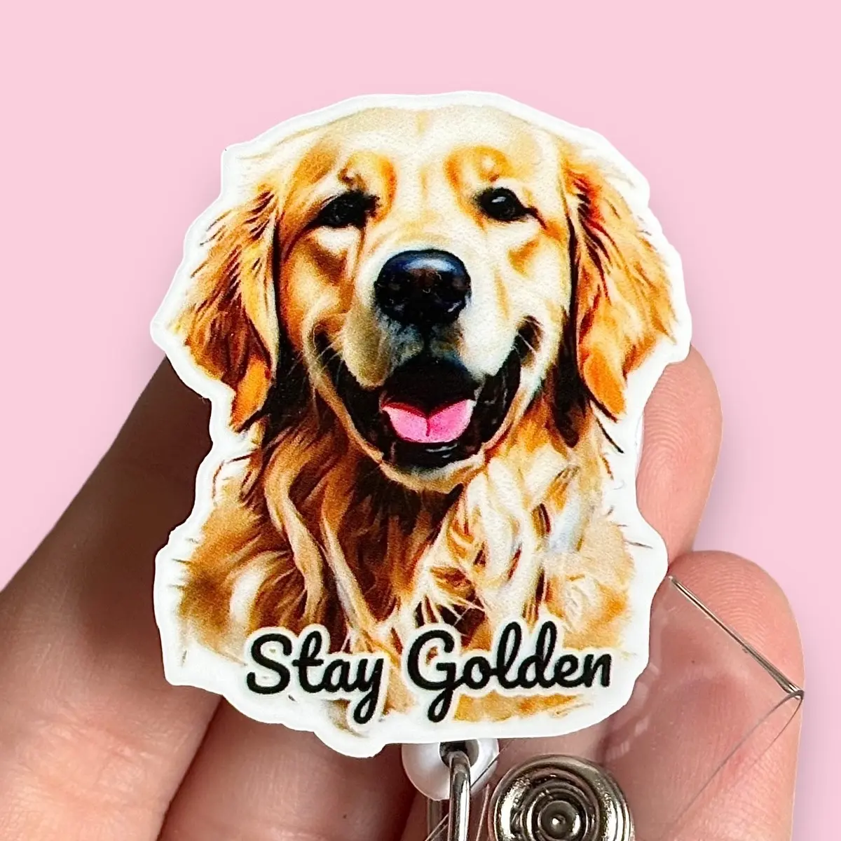 Glitter My Badge Stay golden retriever badge reel for nurse and hospital workers. Badge clip Badge pull - Retractable swivel clip with a 360 rotation. Great gift for coworker.