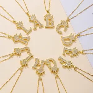 1PCS Fashionable Gold Diamond Crown Initial Pendant Necklace Suitable For Daily Use Festivals Parties Gifts Jewelry Set