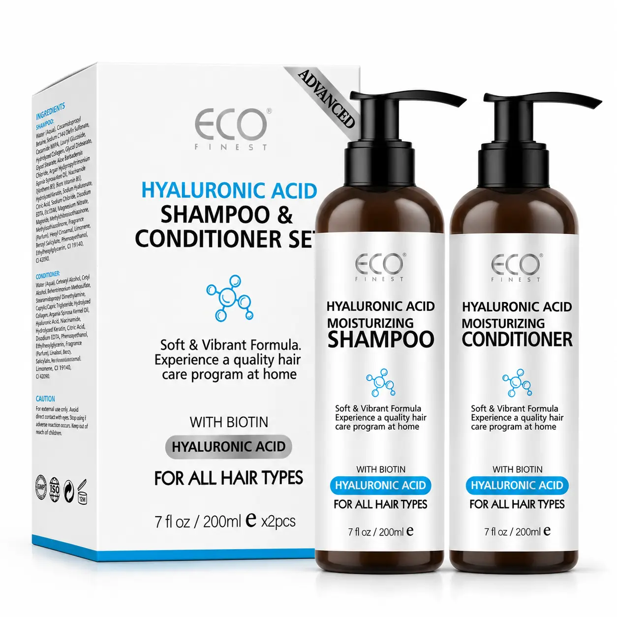ECO FINEST Hyaluronic Acid & Biotin Shampoo-Conditioner Kit, 2 x 7 fl oz Moisturizing Hair Care, for Silky Luminous Locks, All Hair Types