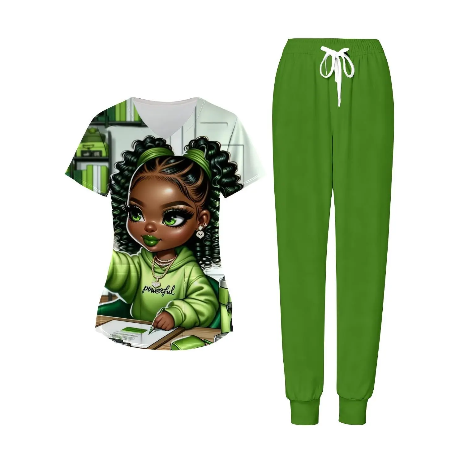 African American Cartoon Theme Women's Nurse Uniform Set - V Neck Green Scrubs Top and Pants with Pockets, Lightweight & Comfortable Workwear for Black History Month