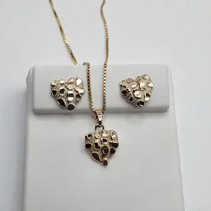 14K Gold Plated Heart Nugget Necklace and Earrings over Real Silver 925 Set includes 22" Box Chain 14K GP Silver 925 for Women