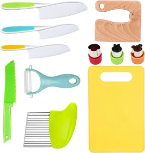 Summer Gifts  11 Pieces Wooden Kids Kitchen Knife, Kids Kitchen Set Include Wood Knife, Serrated Edges Plastic Toddler Knife, Crinkle Cutter, Sandwich Cutter, Y Peeler, Cutting Board