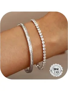 Silver Bracelets for Womens Stainless Steel Bangle Tennis Bracelets Set,Cubic Zirconia Tennis Bracelet Silver Jewellery,Birthday Gifts for Women Mom Grandma Friends, 7 inch, Fashionable Accessories