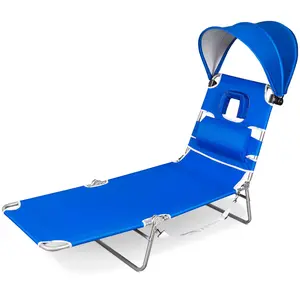 SUNSPIRE Folding Beach Lounge Chair with Face Hole Canopy Pillow Side Pocket, Portable Reclining Tanning Sun Lounger for Beach Pool Patio Blue
