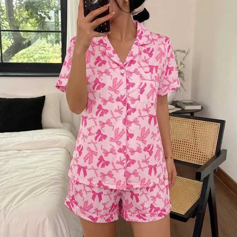 Women's Pajama Set for All Seasons, Bow Print Short Sleeve Button Shirt and Shorts Sleepwear