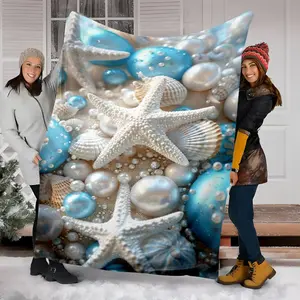 Luxury Ocean Style Starfish Shell Pearl Print Blanket, 3D Embossed Texture Sofa Nap Warm Cover, Modern Design, 1 Piece