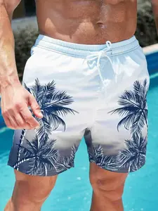 Tropical Pattern Drawstring Waist Swimwear Shorts, Gradient Fresh Print Design, Perfect for Pool Beach Travel, Fitted Holiday Style