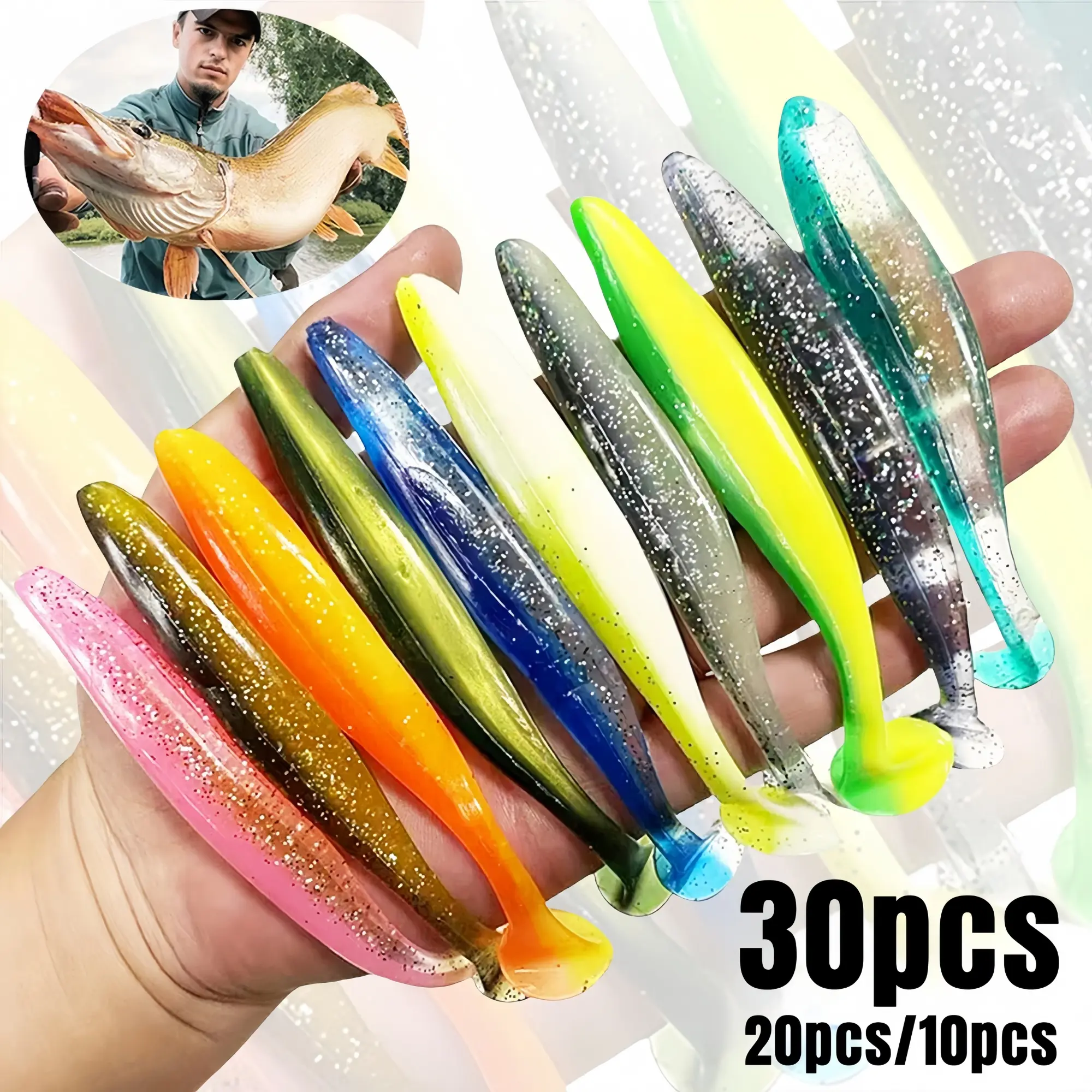 30pcs/20pcs/10pcs Artificial Fishing Lure, T-tail Lure Set, Soft Bionic Swimbait, Fishing Tackle Collection, Outdoor Fishing Accessories, Fishing Lure Kit, Fishing Gear, Fishing Equipment
