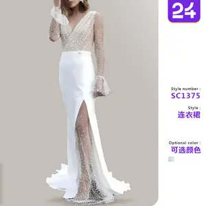 2025 European and American women's spring fashion new dresses Sexy V-neck see-through dress