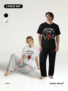 Stranger Things 「2-Piece Set」 Hellfire Club Comfortable Breathable Short Sleeve + Long Pants, Casual Loose Fit Unisex Home Wear