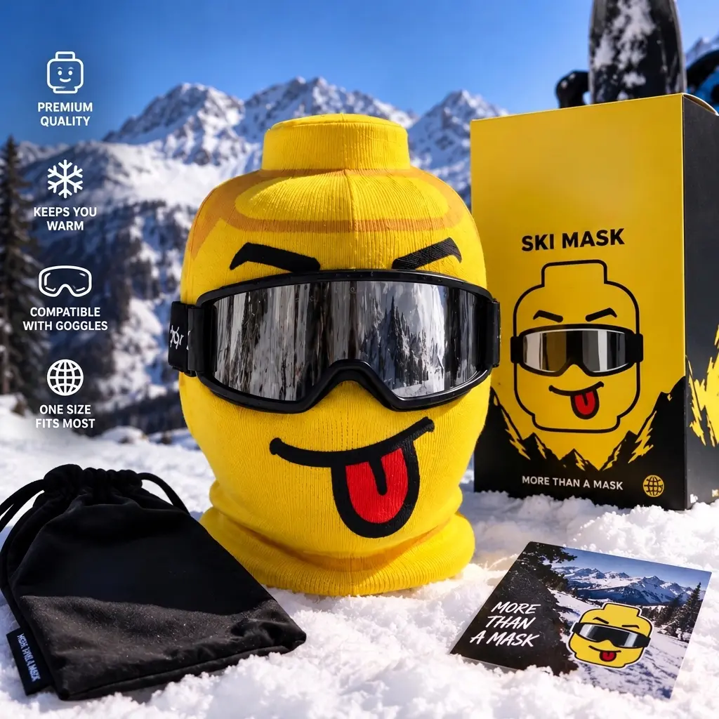 Funny Yellow Toy Figurine Head Ski Mask Balaclava, Knitted Winter Thermal Face Mask For Snowboard, Windproof Full Face Cover Goggle Compatible, Cute Cartoon Tongue Out Beanie Hood, Novelty Cosplay Gag Gift For Men Women