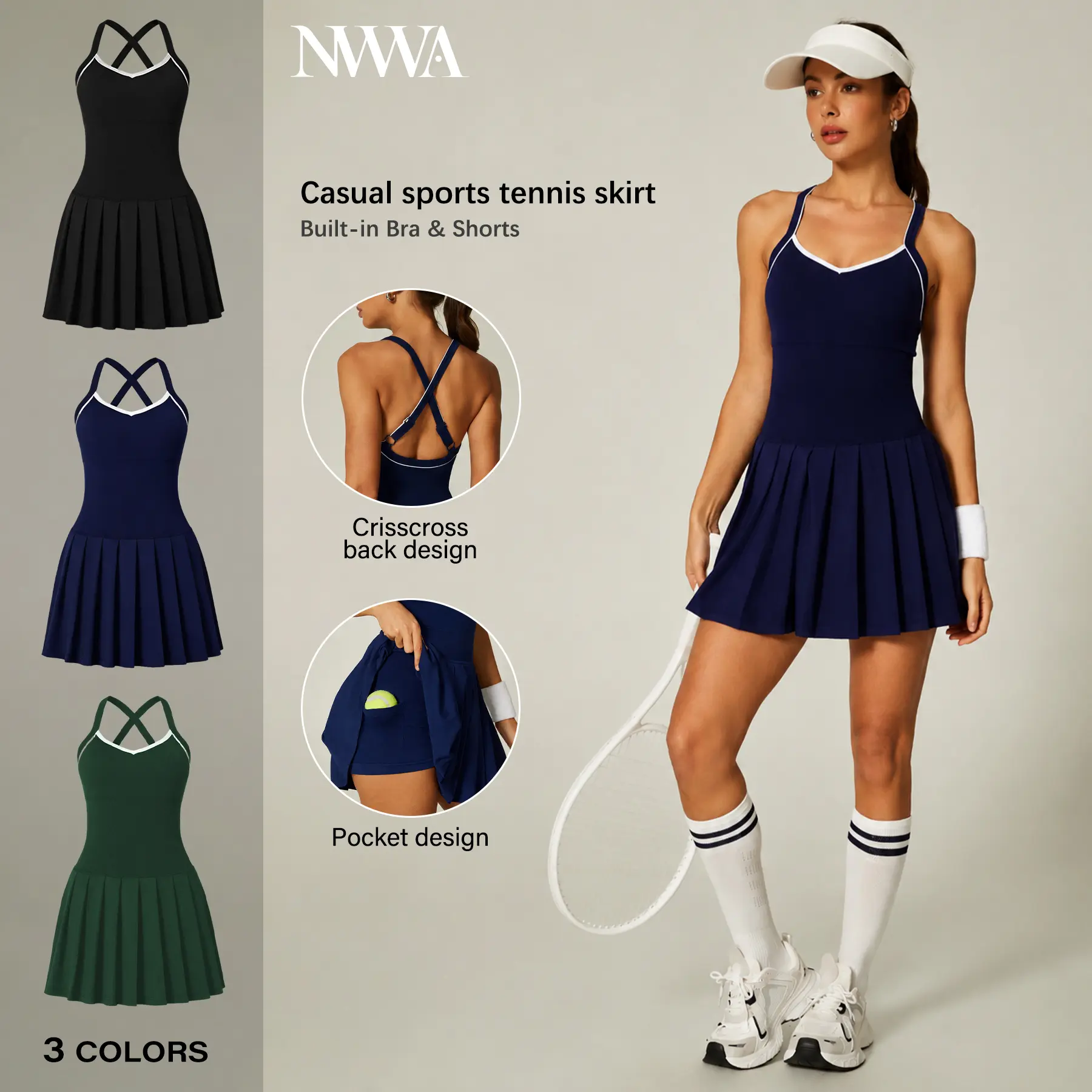 NVWA Women's Summervibes High-Stretch Contrast-Color Sports Dress Sleeveless Backless Yoga Gym Workout Dress with Shorts Pockets Cooling and Quick-drying Figure-flattering Casual Fashionable Tennis Dress Outdoor Fun tiktokshopbacktoschool