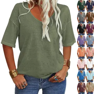 Goranbon Womens Tops Dressy Casual V Neck T Shirts Solid Short Sleeve Tshirts Trendy Loose Fit Summer Tops for Daily Going Out