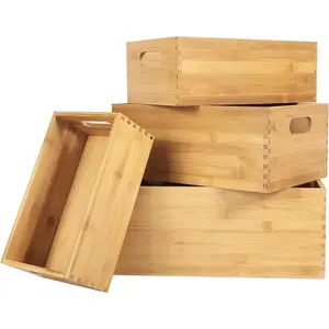 ANMINY Set of 4 Nesting Wooden Crates for Storage, Bamboo Wood Storage Containers Bins, Handmade Natural Large Wooden Storage Boxes Baskets with Handles for Organizing Shelf Closet Cabinet