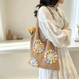 Women's 2026 New Forest-Style Hollow-Out Knitted Shoulder Bag, Large Capacity, Fresh & Simple, Artistic Relaxed Beach Vacation Gym Bag