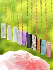 Natural Stone Pendant Necklace, Rectangular Pendant (Amethyst/Rose Quartz/Labradorite/Tiger Eye), Bohemian Fashion Choker for Women Jewelry, Natural Crystal Jewelry