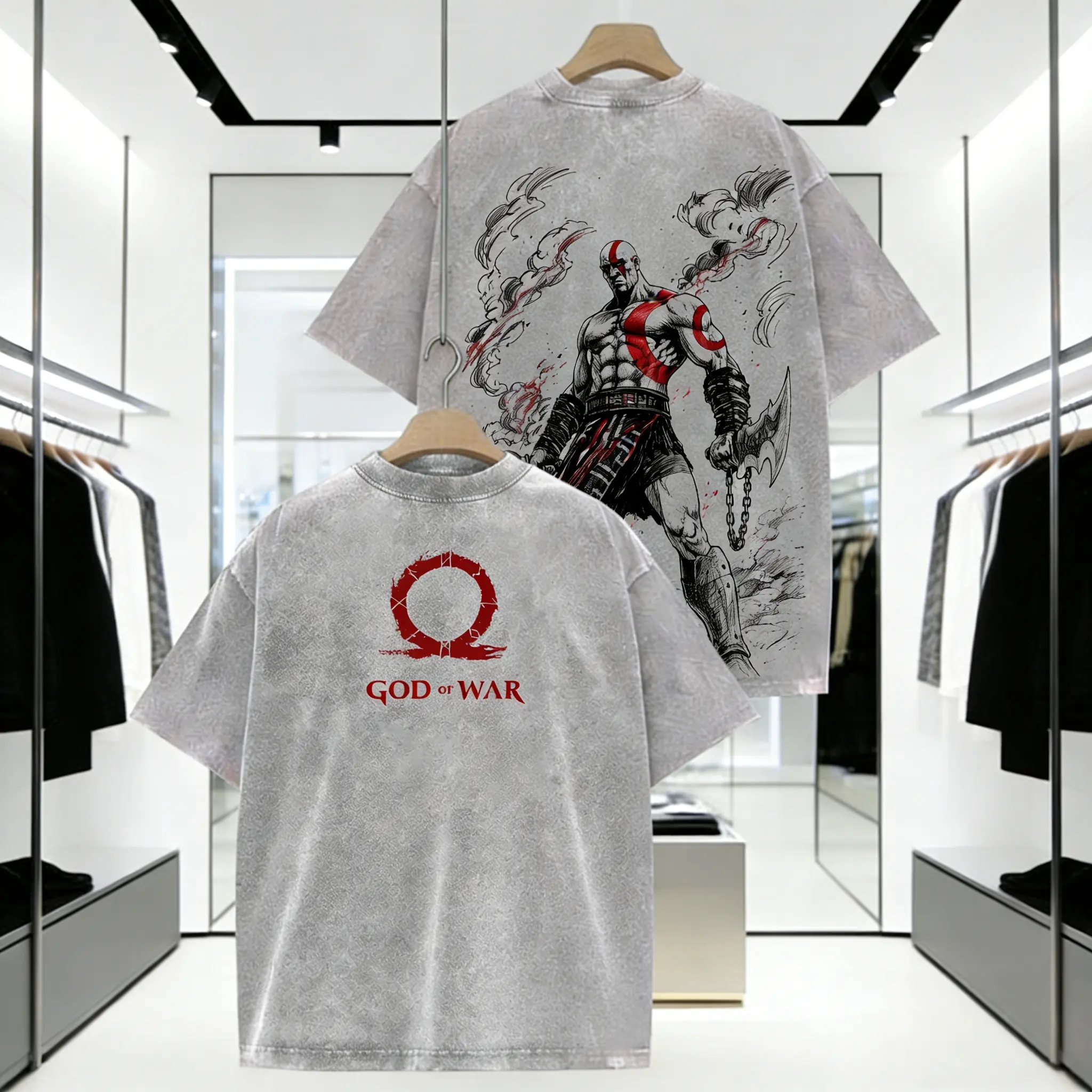 God of War Kratos Vintage Graphic Tee - Premium Oversized Heavyweight T-Shirt, Acid Wash Streetwear Pump Cover for Gym & Gamers, Nordic Mythology Aesthetic Aura Threadss Apparel Merch, Menswear, Top, Casual, Round Neck, Tshirt, Graphic Print