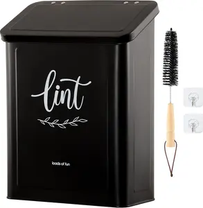 Lint Bin for Laundry Room with Lint Brush, Wall Mounted Lint Holder Trash can with lid for Dryer, Modern Farmhouse Rustic Metal Laundry Room Storage Organization and Decor(Black)